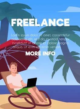 Freelancer working on laptop under the palm tree, vector template Stock Illustration