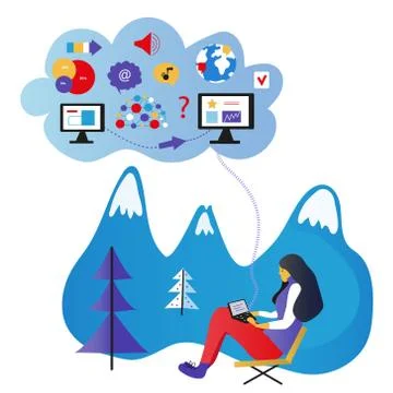 Freelancer working at the mountains: concept of cloud office and communicatio Stock Illustration