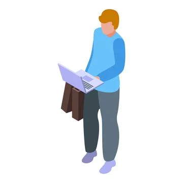 Freelancer working remotely using laptop and holding briefcase isometric icon Stock Illustration