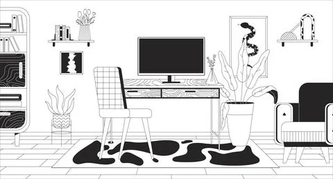 Freelancer workplace with computer in home office bw line illustration Stock Illustration