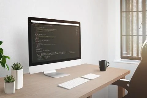 Freelancer workplace concept. Computer display with open code editor. Plants, Stock Photos