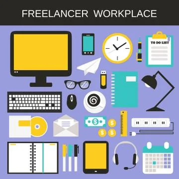 Freelancer workplace icons set Illustrazione stock