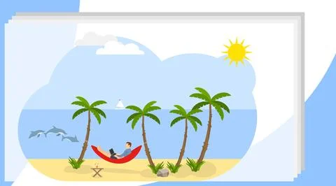 Freelancer works on the beach. A freelancer man is lying on a beach Stock Illustration
