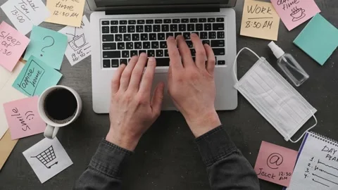 Freelancer works on a desktop computer, top view Stock Footage 141017459
