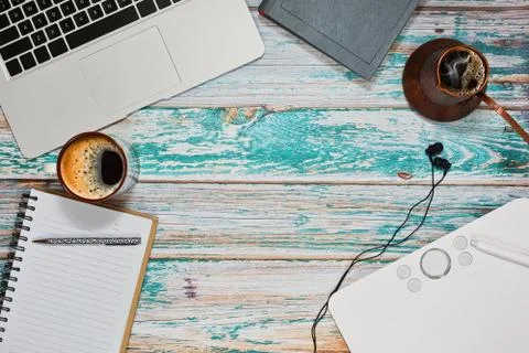Freelancer workspace concept in top view Stock Photos