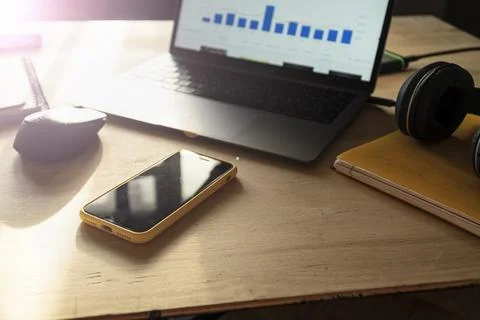 Freelancer workspace with laptop Photos