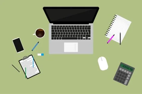 Freelancer workspace, workspace top view. Home and home office concept. The c Illustrazione stock