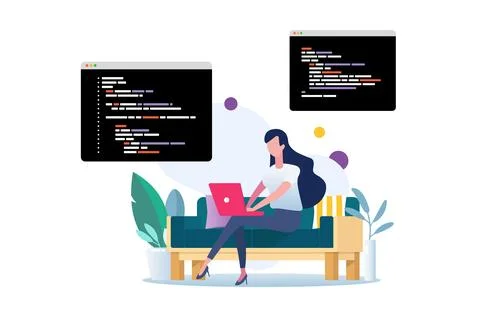 Freelancer writing code on laptop. software developer working at house Stock Illustration