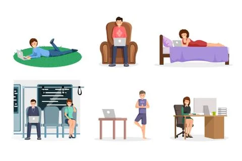 Freelancers flat design characters vector set. Outsource workers using laptop at 스톡 일러스트