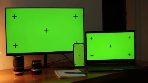 The freelancer's place of work. A green screen with dots for tracking movement Stock Footage 226493789
