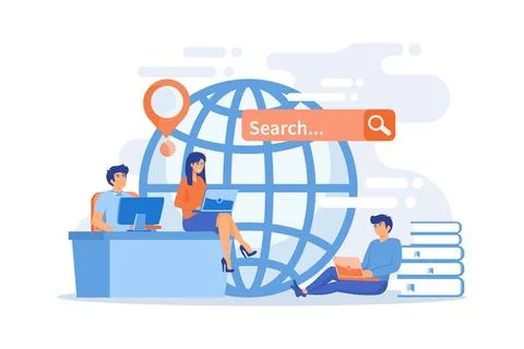 Freelancers team work with laptops connected by global network. Global netw.. Illustrazione stock