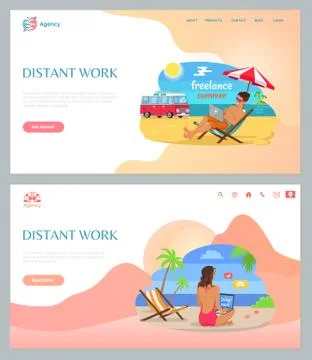 Freelancers Working on Beach with Laptop Vector Stock Illustration
