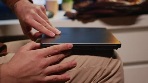 Freelancing computer scientist starting work in personal office at home Stock Footage 265511473