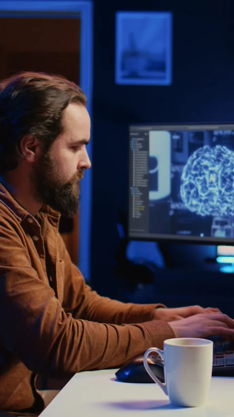 Freelancing IT specialist writing AI code, training machine learning Stock Footage 264508498