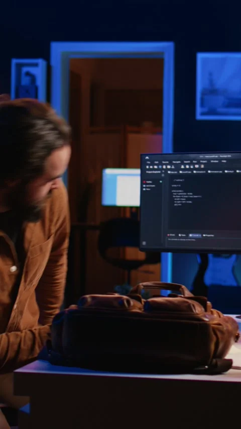 Freelancing IT system administrator arriving in personal office at home Stock Footage 264509103