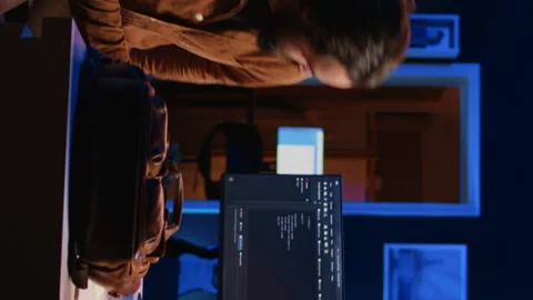 Freelancing IT system administrator arriving in personal office at home Stock Footage 265107298