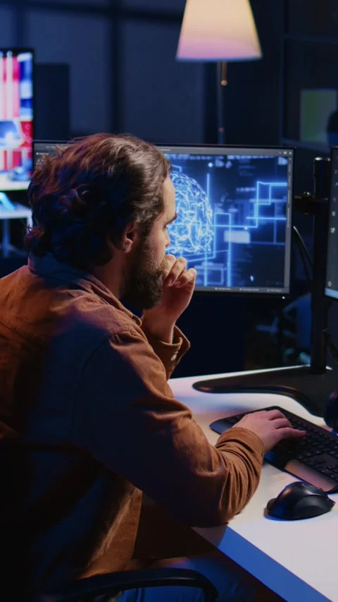 Freelancing programmer writes artificial intelligence code on desktop PC Stock Footage 264509634