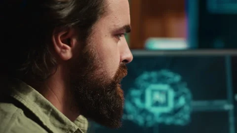 Freelancing system administrator upgrading high tech AI, confused by complexity Stock Footage 267045516