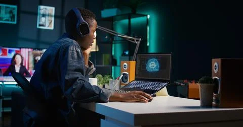 Freelancing system administrator upgrading high tech AI Foto stock