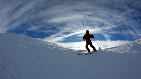Freerider skier moving down in snow powder; fish-eye lens. HD1080p Stock Footage 34446971
