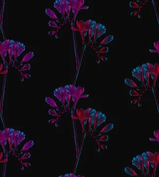 Freesia flowers drawing, seamless pattern, red and blue neon colors Stock Illustration