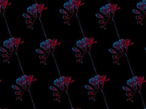 Freesia flowers drawing, seamless pattern in pink and blue neon colors Stock Illustration