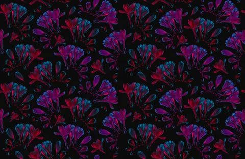 Freesia flowers seamless pattern illustration, pink and blue neon colors Stock Illustration