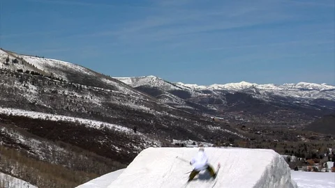 Freeskier performs aerial at slope style park, Park City, Utah. Stock Footage 106790830