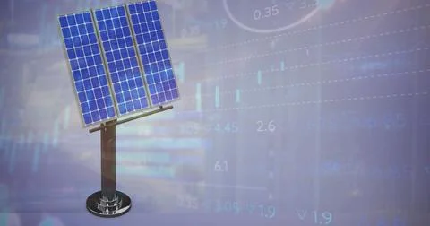 Freestanding three-panel solar array tilting on metal pedestal in studio with Stock-Fotos