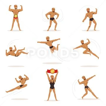 Freestyle Wrestling Fighter In Black Underwear Fighting Set Of Illustrations Stock Illustration