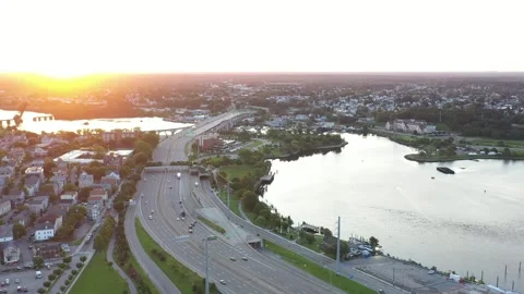 Freeway and Bridge Providence Rhode Island Drone Aerial View Stock Footage 159260711