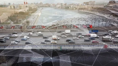 Freeway and Railway Bridge Over River in Technology City. Futuristic Style Stock Footage