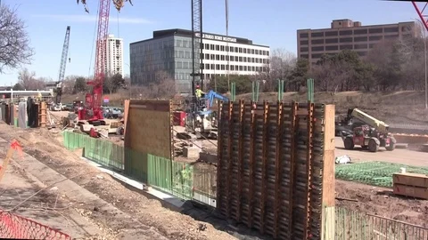 Freeway construction site and cement wall forms Stock Footage 105606827