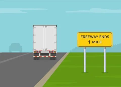 "Freeway ends 1 mile" sign area. Back view of a truck on freeway. Stock Illustration