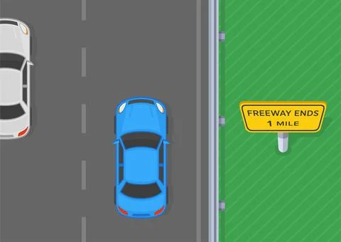 "Freeway ends 1 mile" sign. Close-up top view of a sedan car approaching sign Stock Illustration