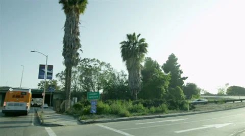 Freeway Entrance palm trees Los Angeles California LA beautiful 4K Stock Footage