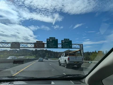 Freeway exit signs directing drivers toward downtown Eugene Stock Photos