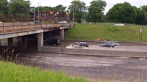 Freeway Flooding Detroit, Michigan Climate Change Severe Weather Flood 4K Stock Footage