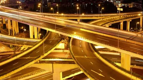 Freeway interchange, heavy traffic at night. Stock Footage
