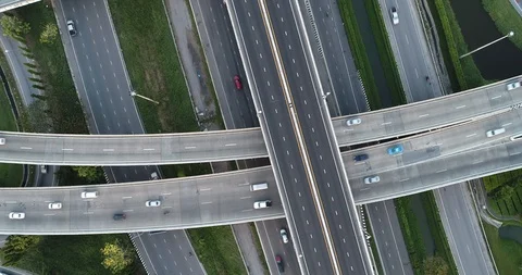 Freeway intersection city traffic road with vehicle movement aerial Stock Footage 96134696