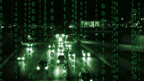 Freeway at night with green overlay and binary computer code scrolling Vidéo 155173128