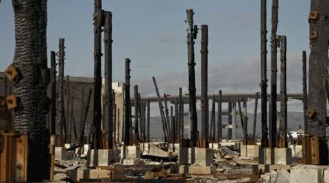 Freeway Overpass Seen Through Burnt Rubble of Destroyed Industrial Building 스톡 동영상 21266069