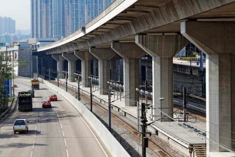 Freeway overpasses and train tracks Stock Photos