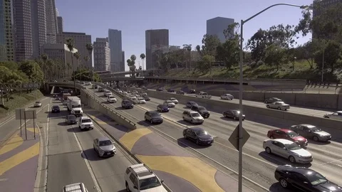 Freeway Rush Hour Traffic Congestion in Downtown Los Angeles California USA Stock Footage 92293072