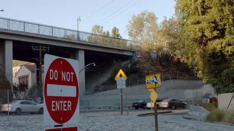 Freeway traffic and Do Not Enter sign Stockbeeldmateriaal 70298083