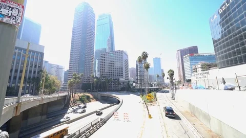 Freeway traffic in Los Angeles downtown Stock Footage