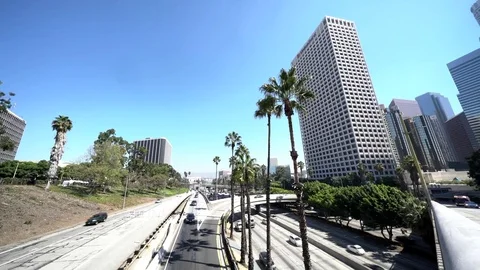 Freeway traffic in Los Angeles downtown Stock Footage