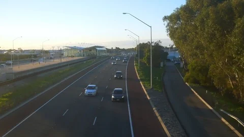 Freeway traffic three lane highway Stock Footage 92929423