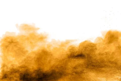 Freeze motion of brown dust explosion on white background.Stopping the move.. Stock Photos