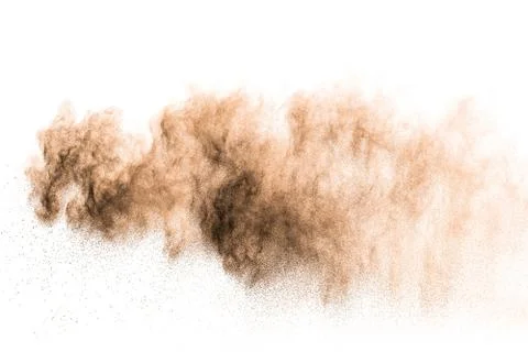 Freeze motion of brown powder exploding. Abstract design of brown dust cloud. 库存照片